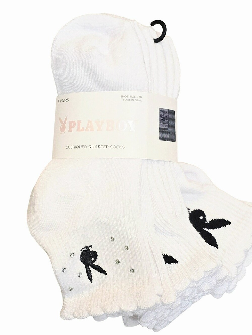Playboy Bunny Rhinestone Logo Cushioned Ruffled Quarter Socks - 5-Pack